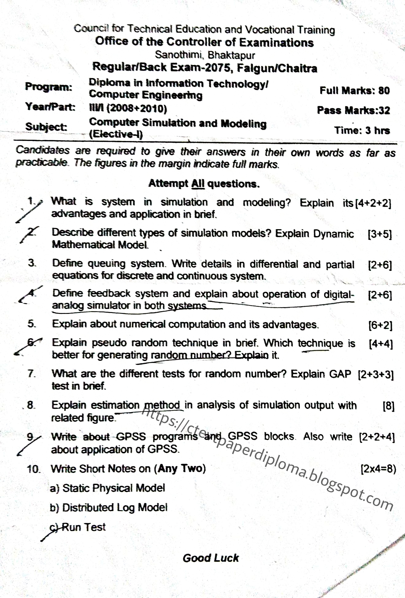 Ctevt Computer Simulation Amp Modeling Diploma In Computer 5Th Sem Question Paper