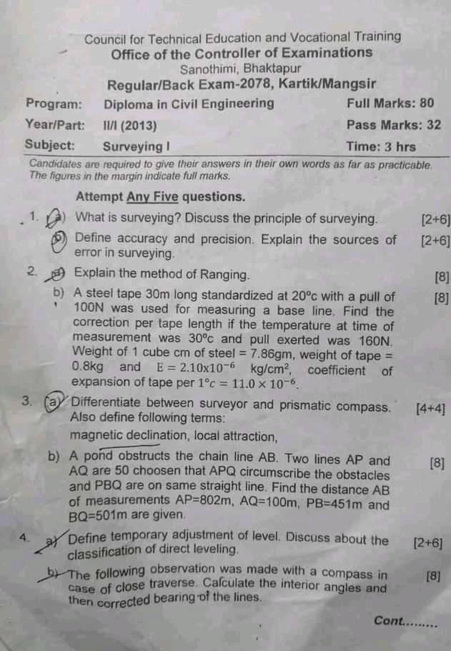 Ctevt Diploma In Civil Engineering Ii Year Surveying I Regular Back