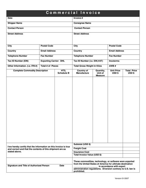 Customs Commercial Invoice Template