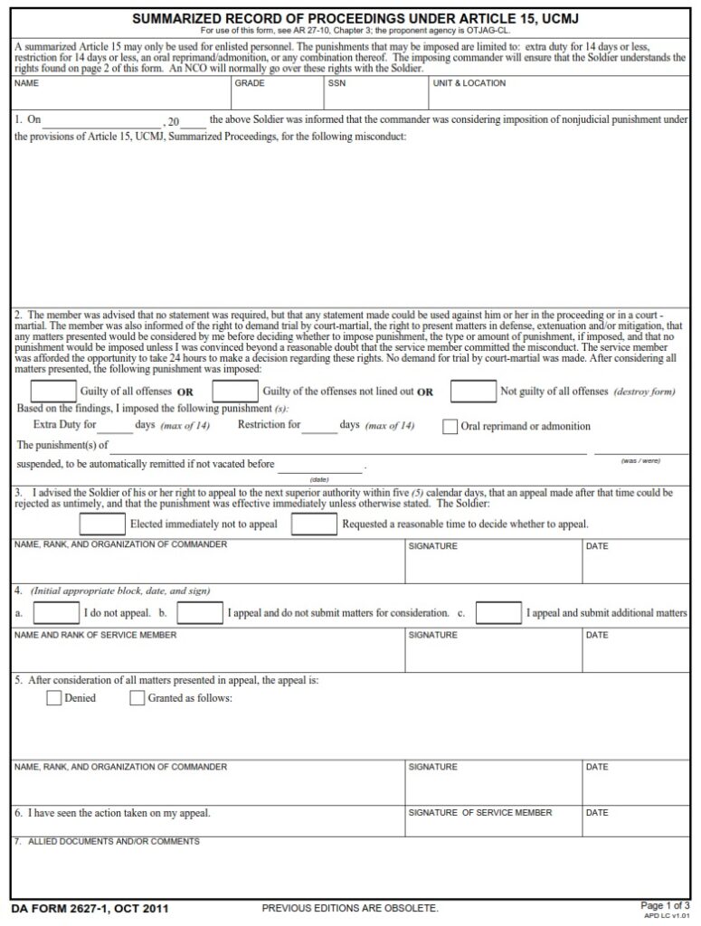 Da Form 2627 1 Summarized Record Of Proceedings Under Article 15