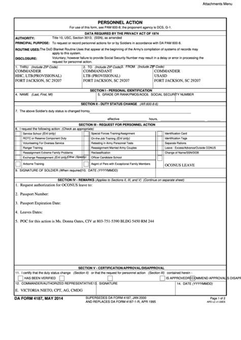 Da Form 4187 Personnel Action Examples