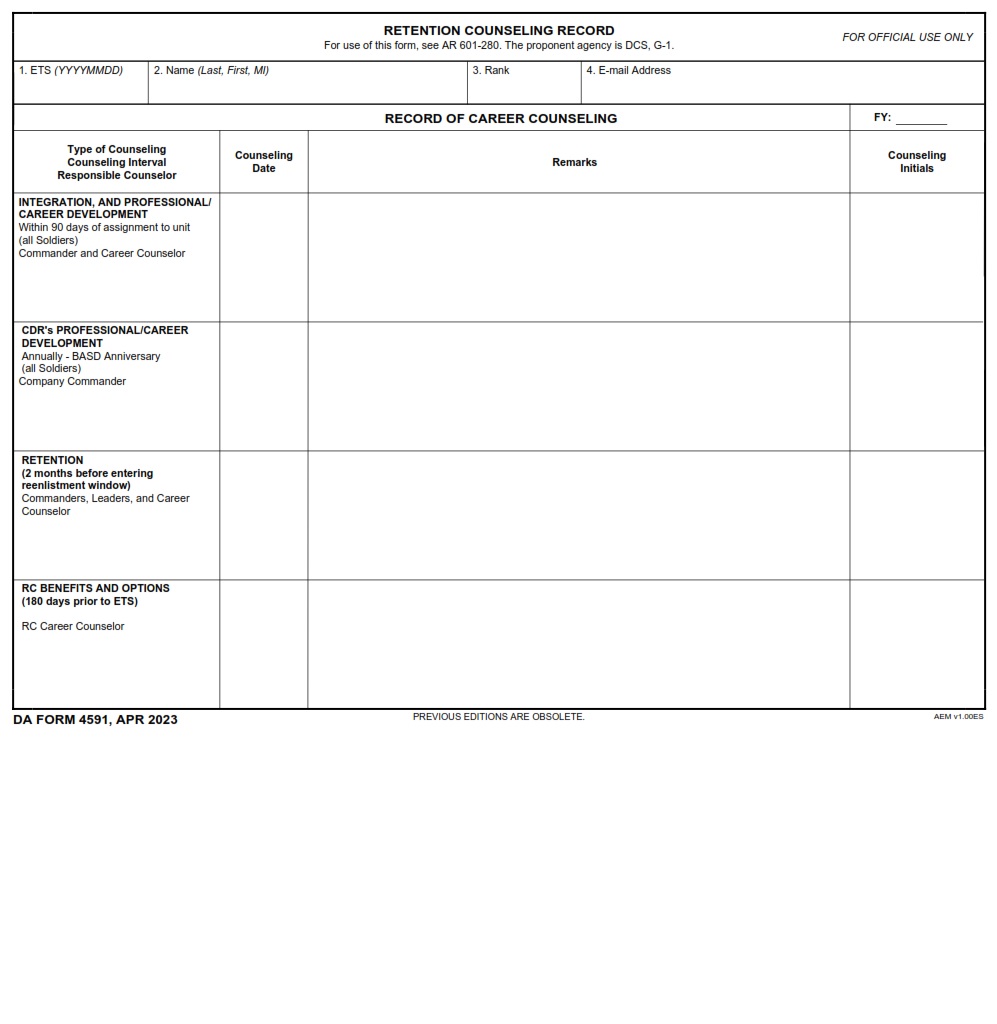 Da Form 4591 Download Fillable Pdf Or Fill Online Retention Counseling