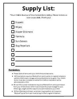 Daycare Forms Supply List By Isabel Faith Tpt