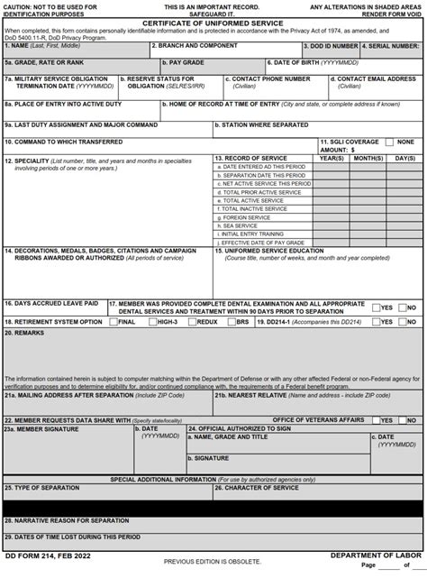 Dd Form 214 Certificate Of Uniformed Service Dd Forms