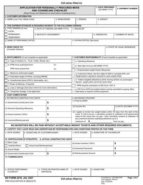 Dd Form 2278 Download Fillable Pdf Or Fill Online Application For Personally Procured Move And