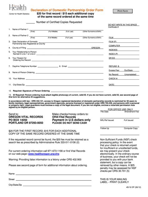 Declaration Of Domestic Partnership Order Form Public Health Oregon