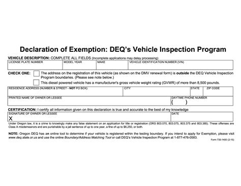 Declaration Of Exemption Deq S Vehicle Inspection Program Oregon Dmv