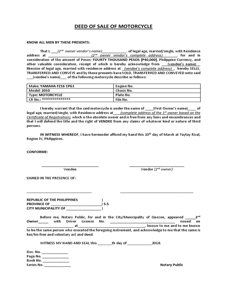 Deed Of Sale Motorcycle Philippines Format