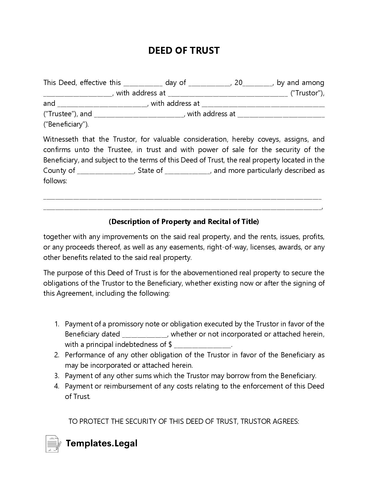 Deed Of Trust Templates Free Word Pdf Odt