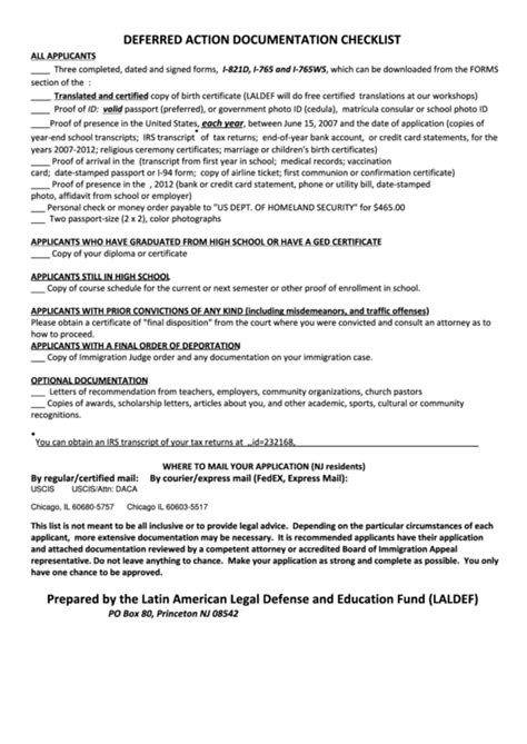 Deferred Action Document Checklist Printable Pdf Download