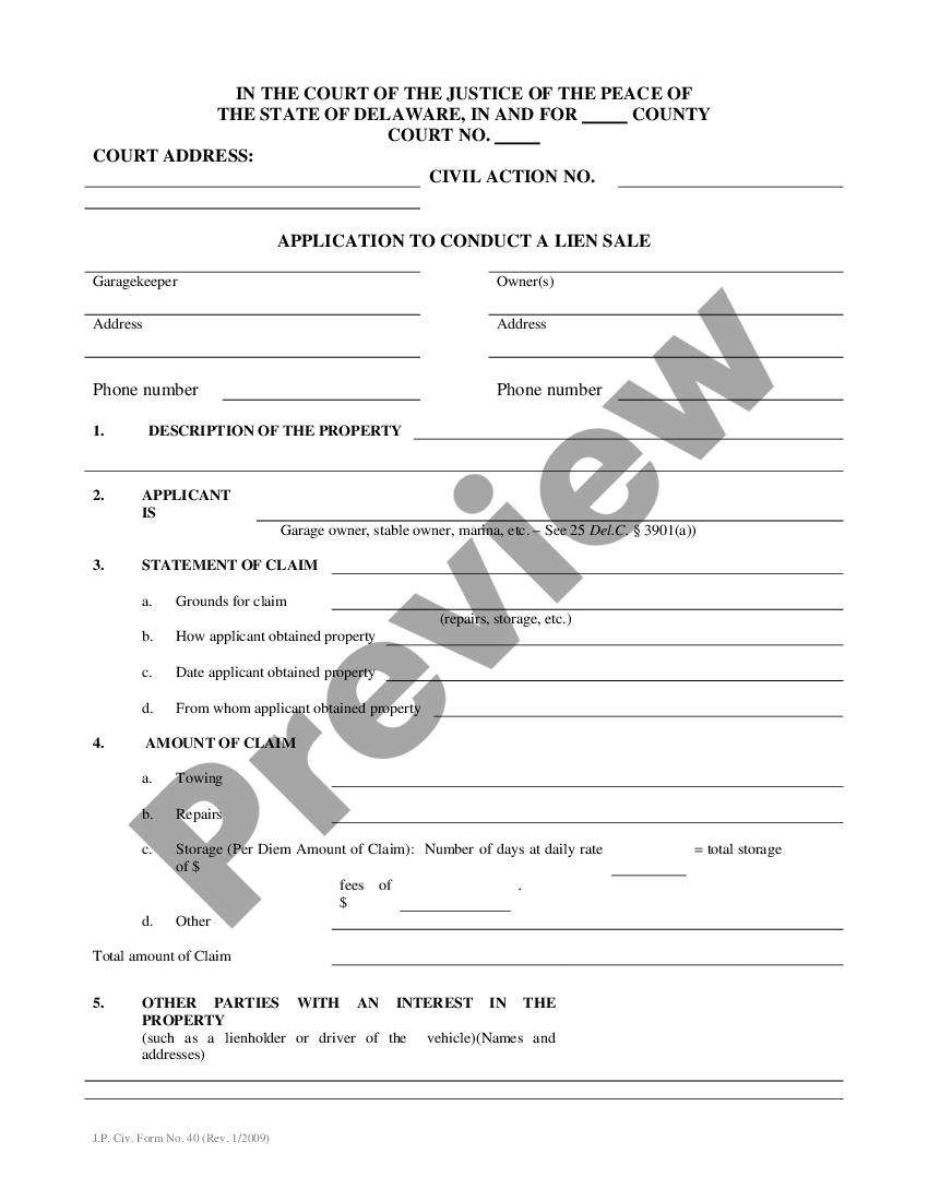 Delaware Application To Conduct A Lien Sale Us Legal Forms