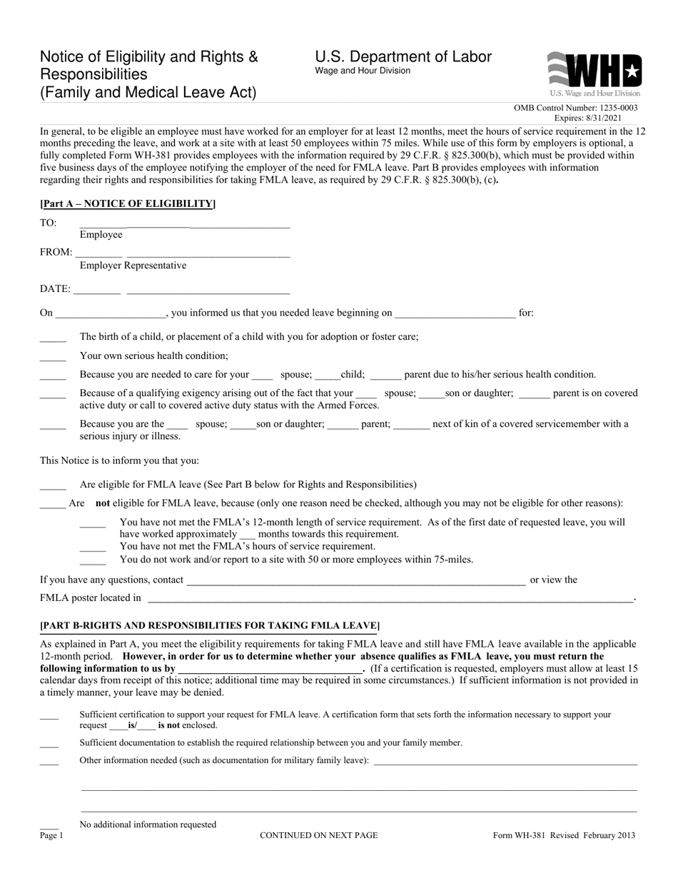 Delaware Employer Fmla Response Form Wh 381 Printable Fmla Forms