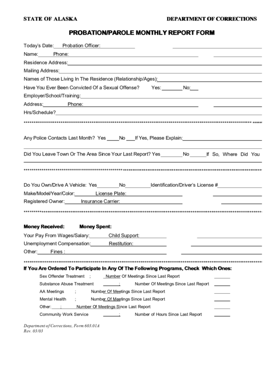 Department Of Corrections Probation Parole Monthly Report Form