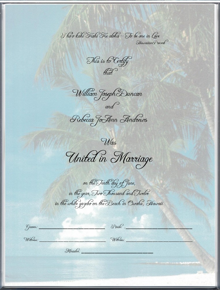 Destination Hawaii Certificate Of Marriage Wedding In Hawaii