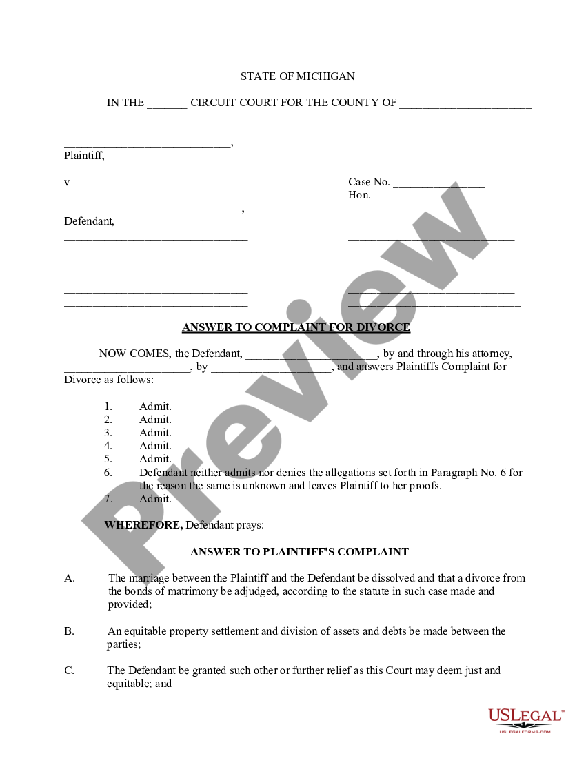 Detroit Michigan Answer To Complaint For Divorce Us Legal Forms