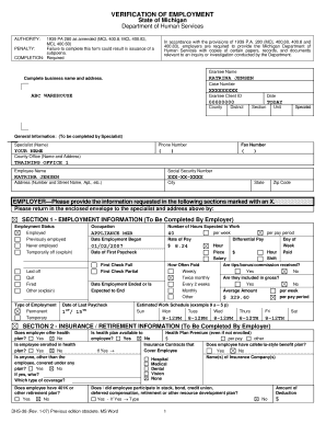 Dhs 0038 Verification Of Employment Mfia State Mi Fill Out And Sign