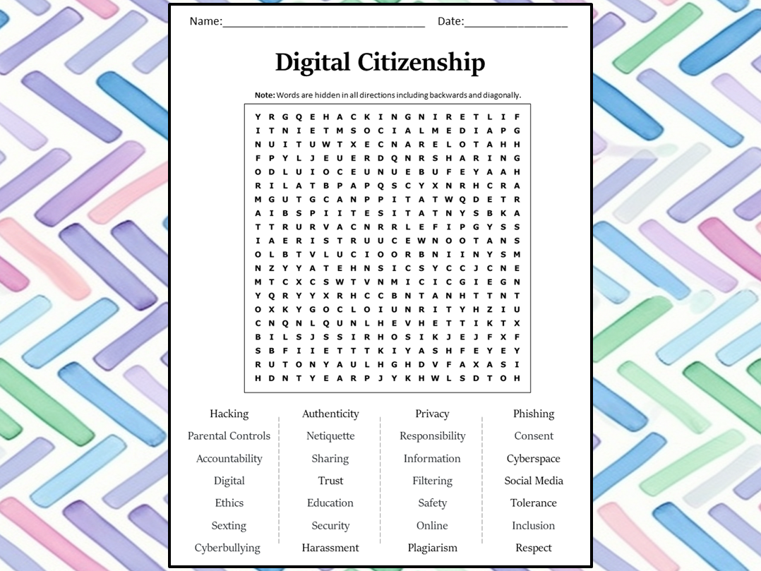 Digital Citizenship Word Search Puzzle Worksheet Activity Teaching Resources