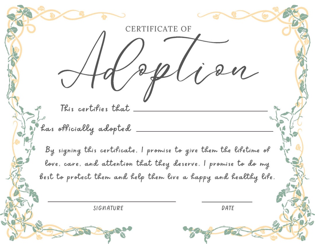 Digital Download Adoption Certificate Soft Pretty Etsy