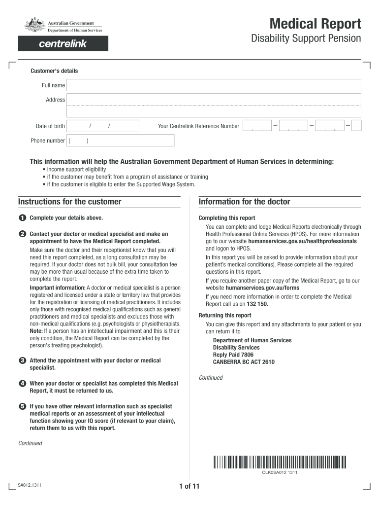 Disability Support Pension Medical Form Fill Out And Sign Printable