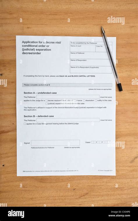 Divorce Paperwork Application For Decree Nisi Stock Photo Alamy