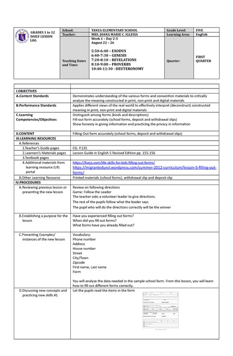 Dlp Q1 Week1 Filling Out Forms Grades 1 To 12 Daily Lesson Log School