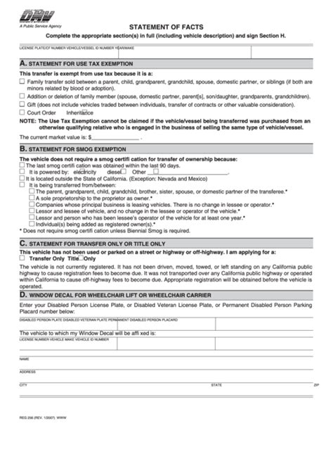 Dmv Reg 256 Fillable Form Printable Forms Free Online