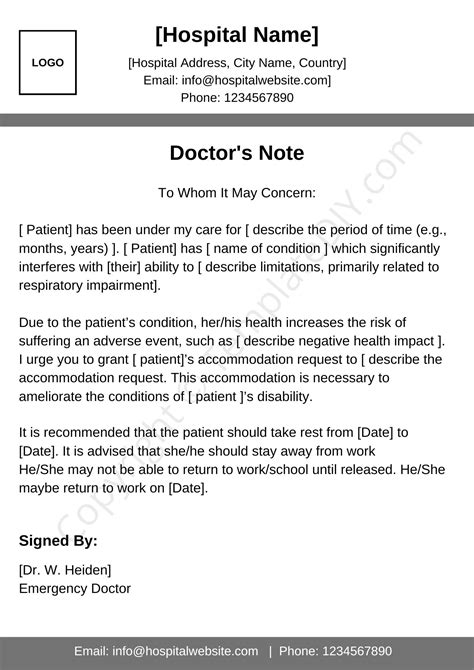 Doctors Note To Return To Work Template