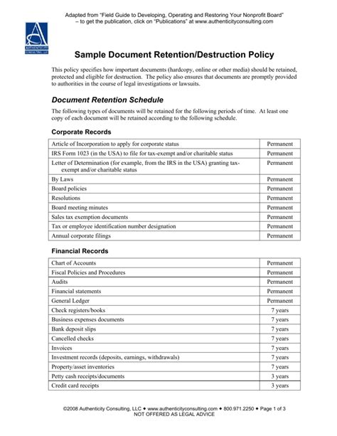 Document Retention Policy Sample Template Business Format