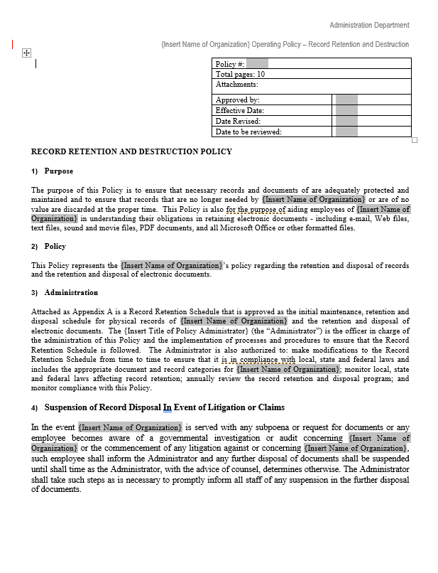 Document Retention Policy Template 4 Free Templates In Pdf Word