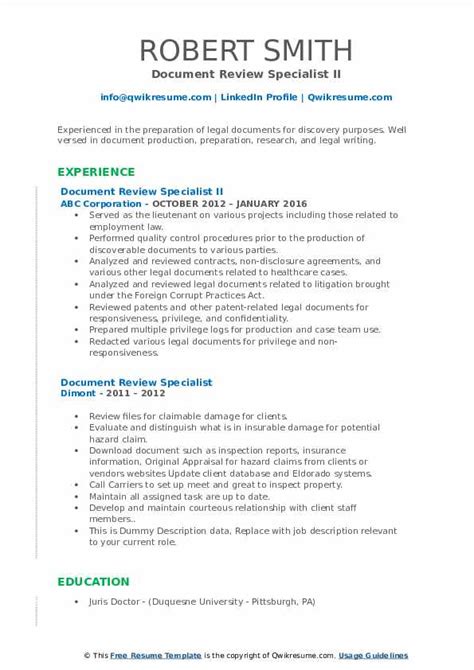 Document Review Specialist Resume Samples Qwikresume