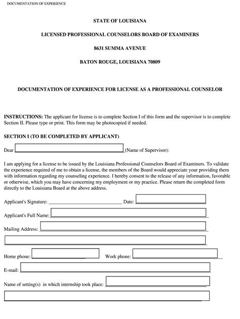 Documentation Of Experience Lpc Board Of Examiners Fill Out Sign