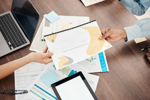 Documents Analytics And Hands With Paperwork In Meeting Giving Report To Coworker Statistics