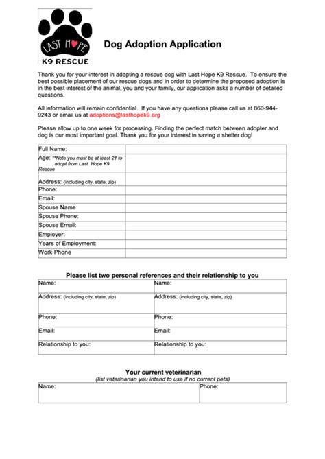 Dog Adoption Application Printable Pdf Download