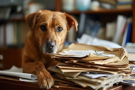 Dog In An Office Overwhelmed By A Mountains Of Paperwork Stock Image Image Of Workload