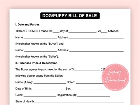 Dog Puppy Bill Of Sale Puppy Dog Agreement Of Sale Puppy Etsy