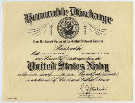 Don Baker S Honorable Discharge Certificate From The United States