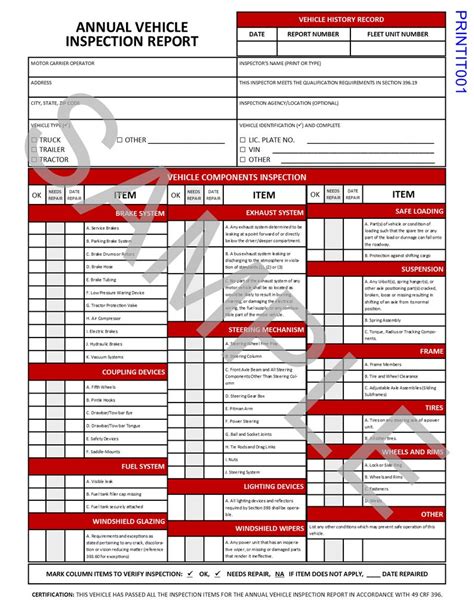 Dot Annual Vehicle Inspection Form For 49 Cfr Part 396 17 Through 396