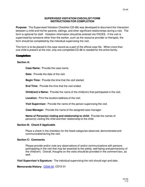 Download Instructions For Form Cd 86 Supervised Visitation Checklist