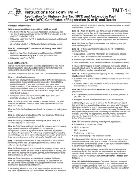 Download Instructions For Form Tmt 1 Application For Highway Use Tax