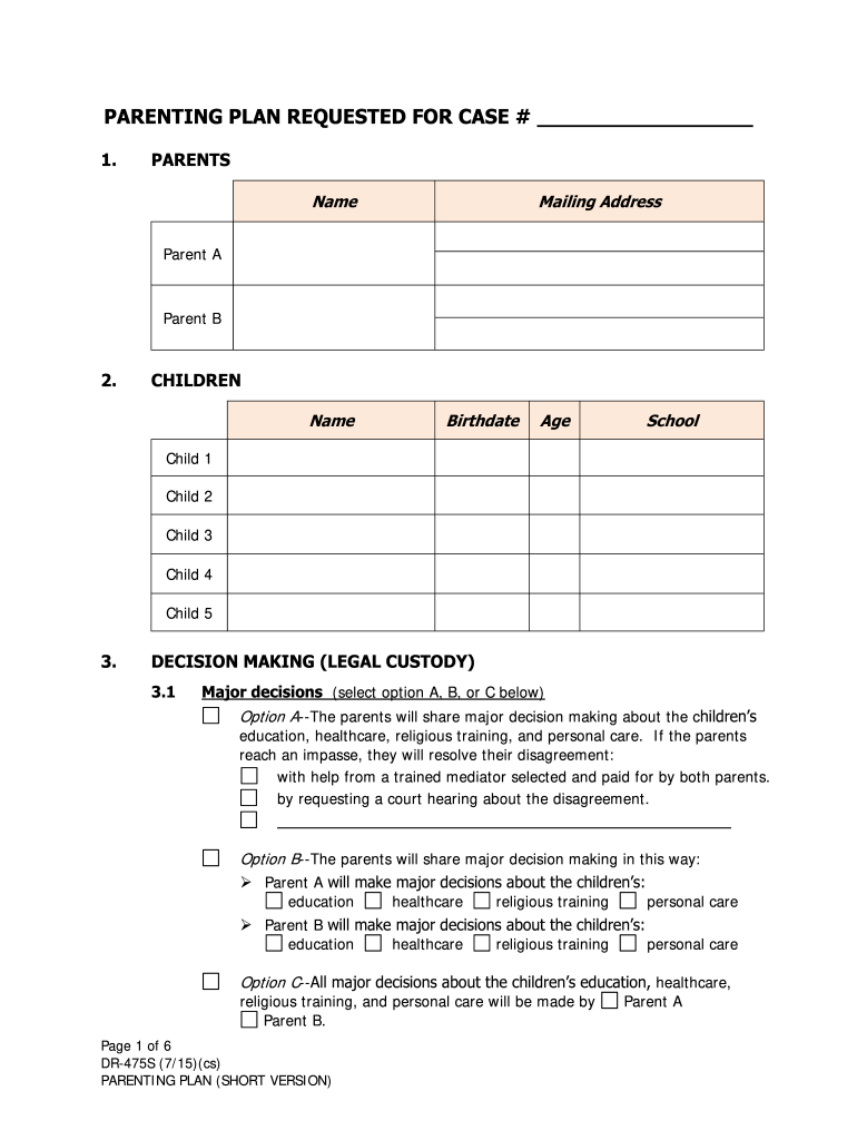 Dr 475S Parenting Plan Short Version 7 15 Fill In Domestic Relations