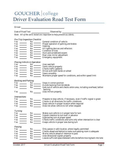 Driver Evaluation Road Test Form Goucher College Fill Out Sign