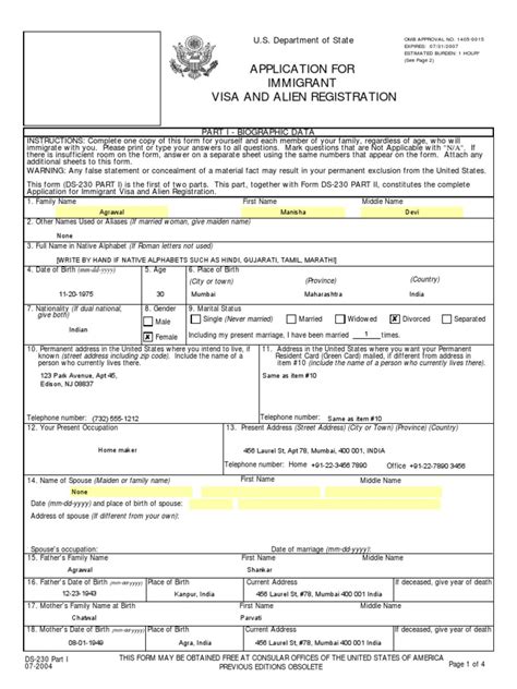 Ds 230 Sample Immigrant Visa Application Pdf Social Security Number