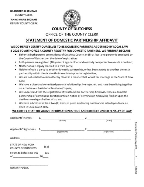 Dutchess County New York Statement Of Domestic Partnership Affidavit