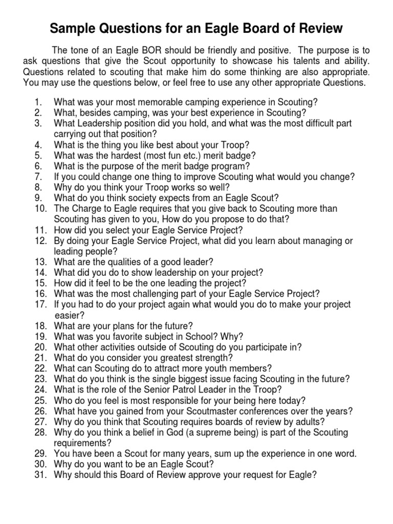 Eagle Board Of Review Questions To The Scout Eagle Board Of Review