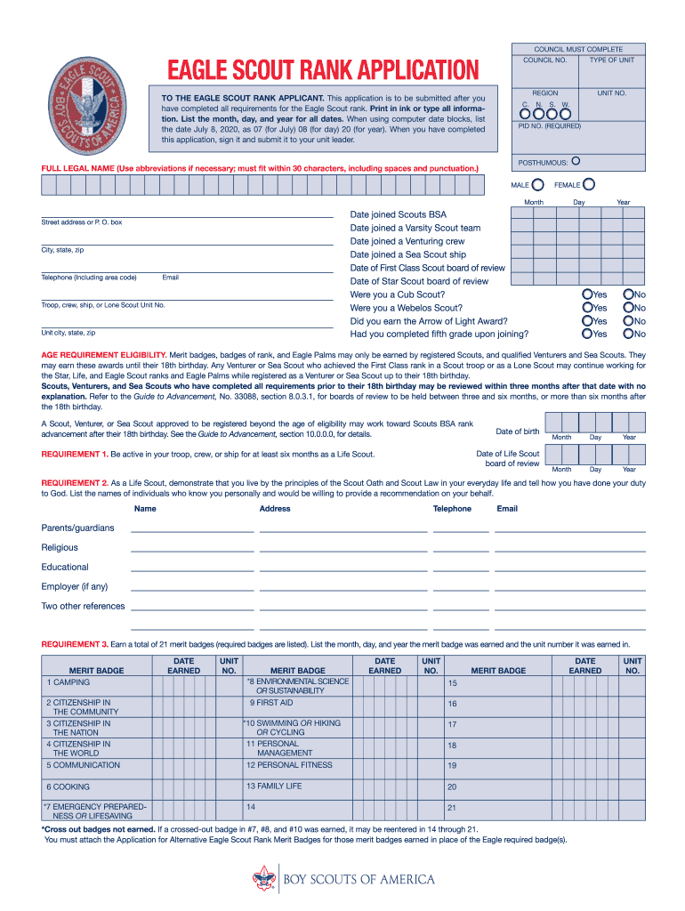 Eagle Scout Paperwork Pdf Eagle Scout Rank Application For Council Use Only To The Eagle Scout