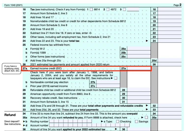 Earned Income Credit Worksheet 2022