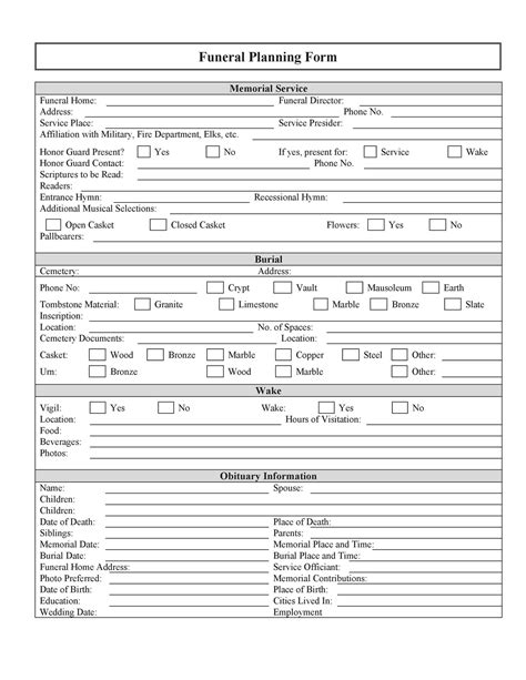 Easy To Edit Funeral Planning Checklist Printable Form Microsoft