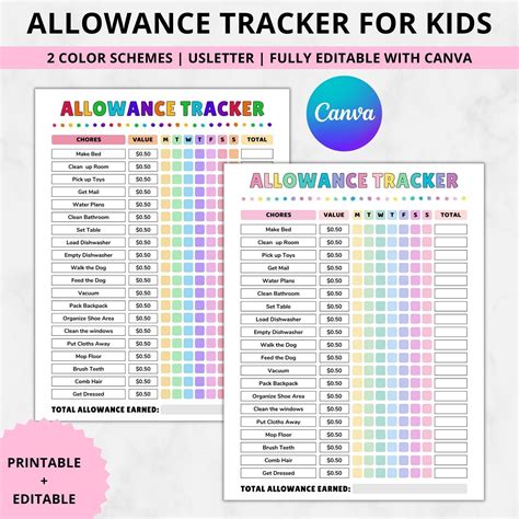 Editable Allowance Tracker Kids Earn Money Chart Daily Weekly Allowance