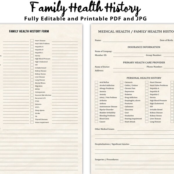 Editable Medical History Form Family Medical History Form Etsy Uk