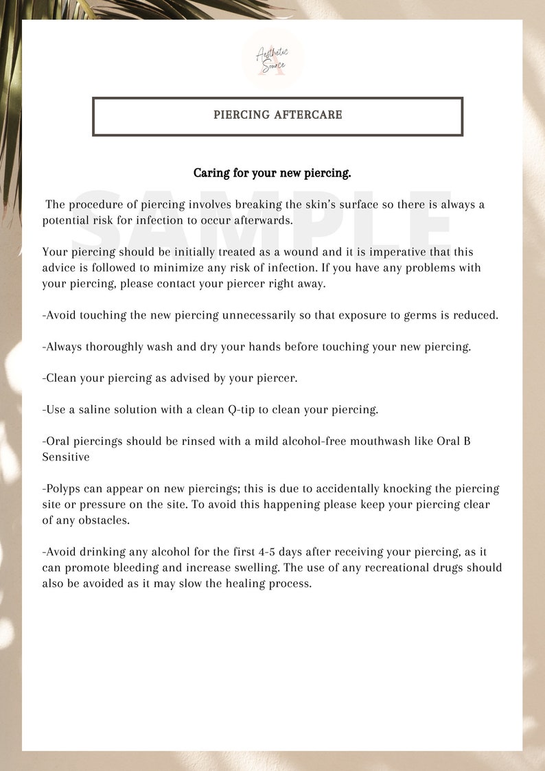 Editable Piercing Aftercare Form Template Etsy Finland